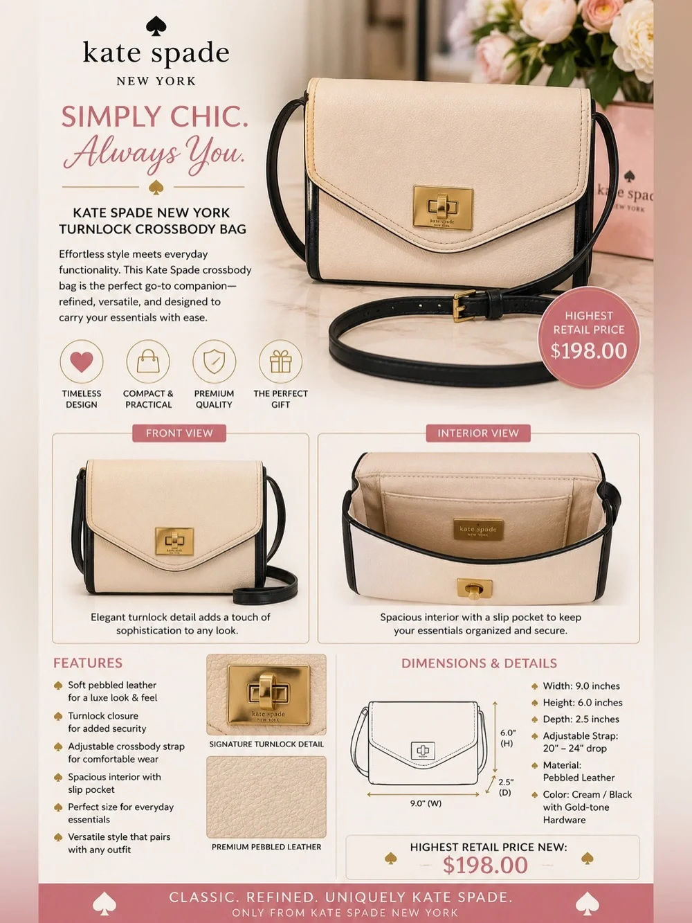 Kate Spade ♠️ New York Cream and Black Turnlock Crossbody Bag EUC